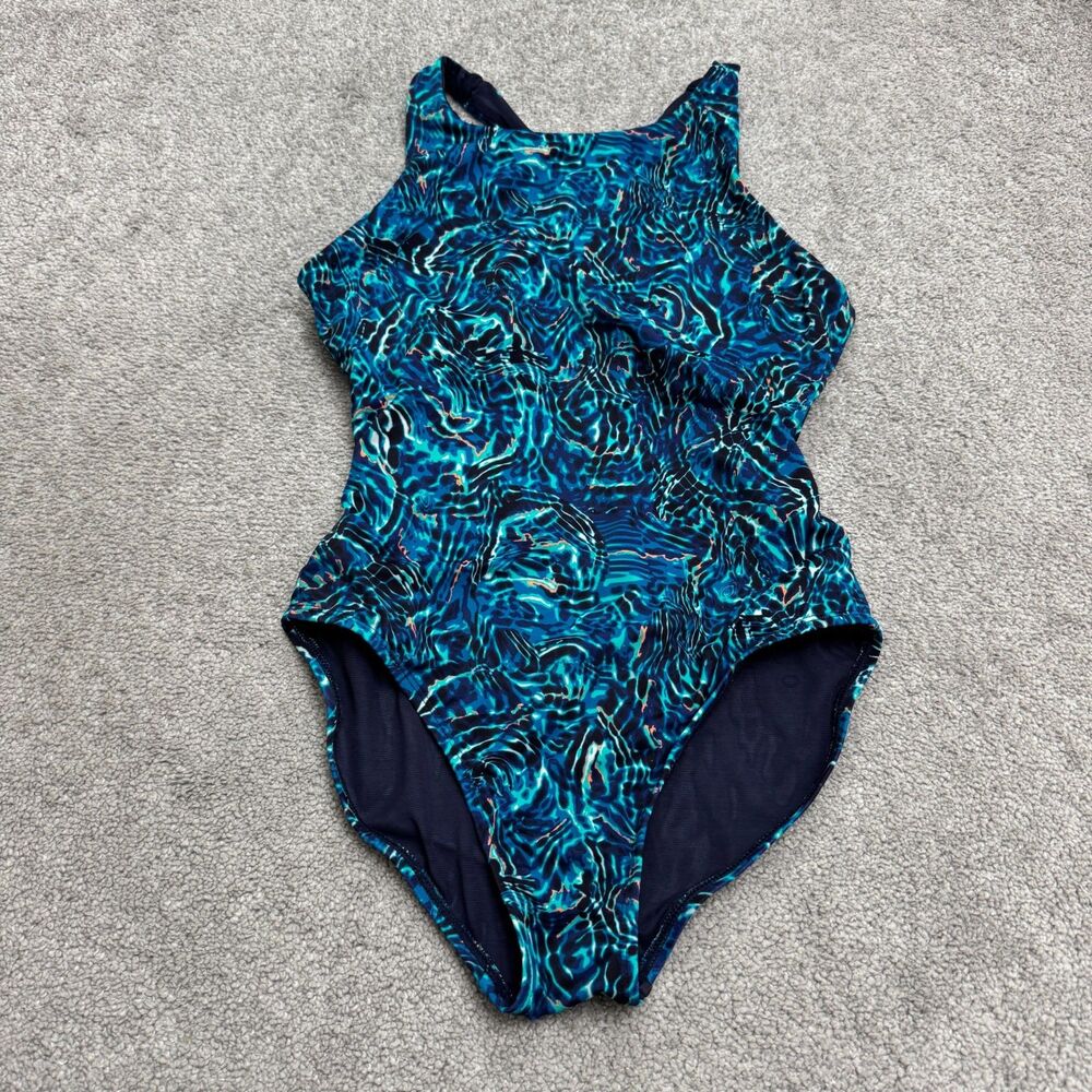 TYR Abstract Halter One Piece Bodysuit Swimwear Womens Small Blue Training Swim